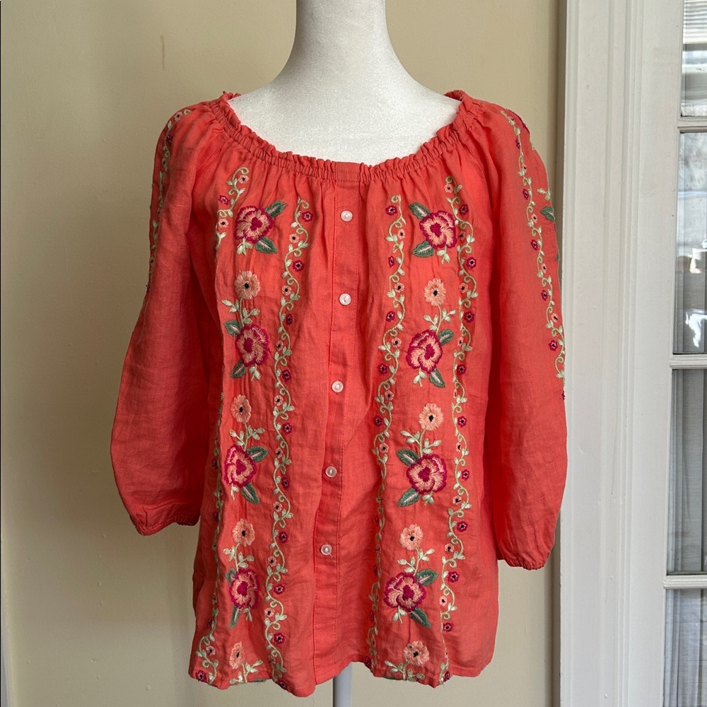 Embroidered Off-Shoulder Coral Top